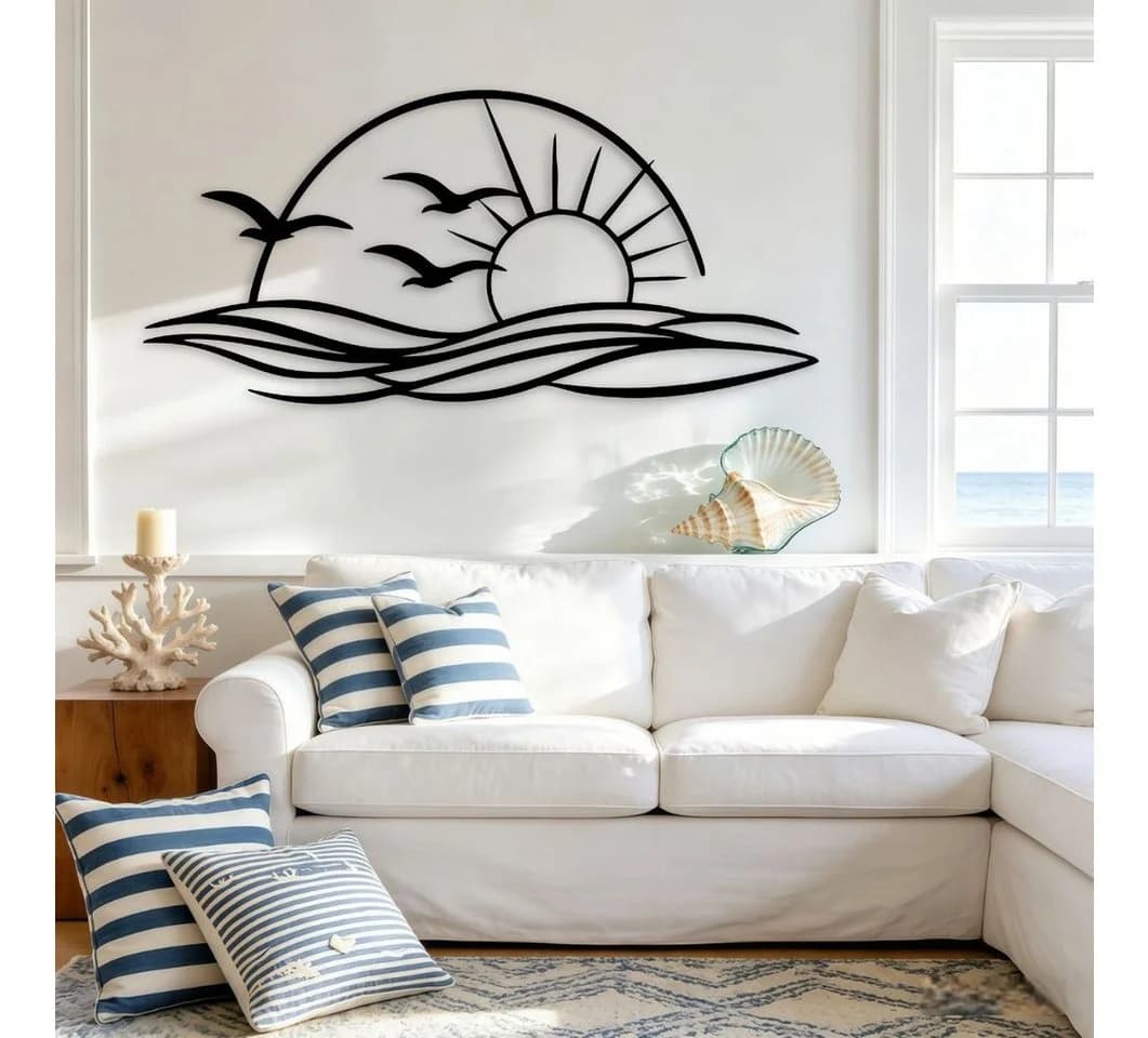 Jumpeak Wanddekoobjekt Metall Strichkunst Sonnen Möwen Palme Meer - Bild 5
