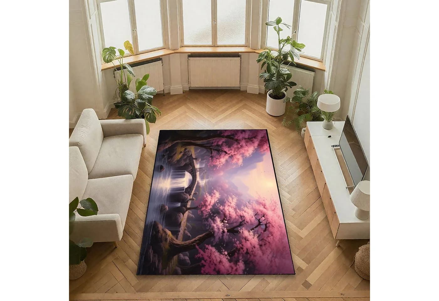 Jumpeak Teppich Japanische Kirschblüten Landschaft Kunstkaschmir