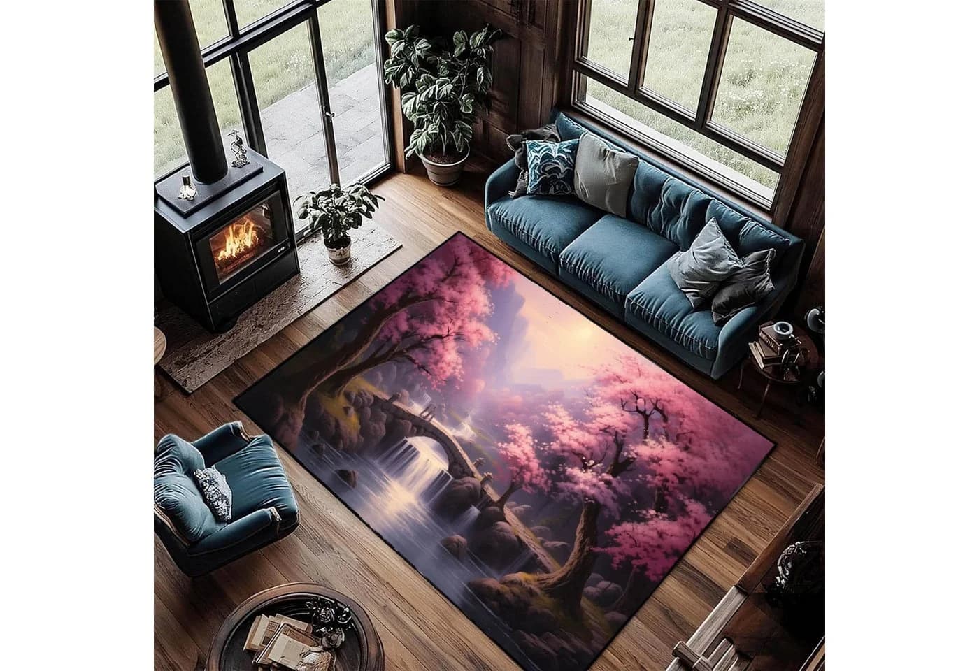 Jumpeak Teppich Japanische Kirschblüten Landschaft Kunstkaschmir - Bild 3