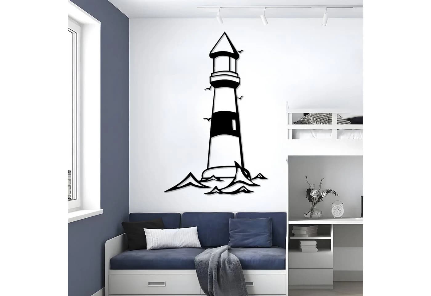 Jumpeak Leuchtturm-Wanddeko Metall Maritim Schwarz/Weiß/Gold/Silber