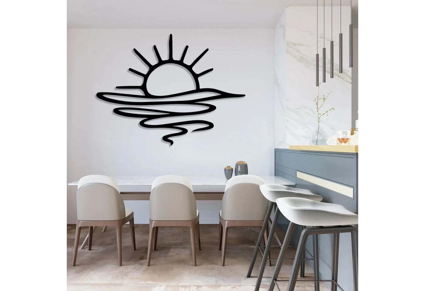 Jumpeak Metall Wanddeko Sonnenaufgang Minimalistisch Schwarz/Weiß/Gold/Silber - Bild 4