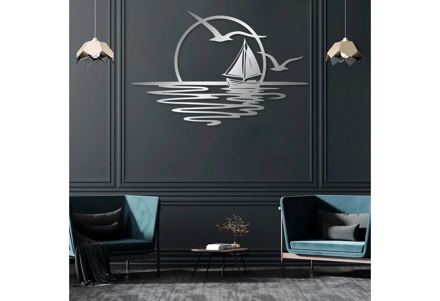 Jumpeak Wanddeko Segelboot Metall Strichkunst Schwarz/Weiß/Gold/Silber