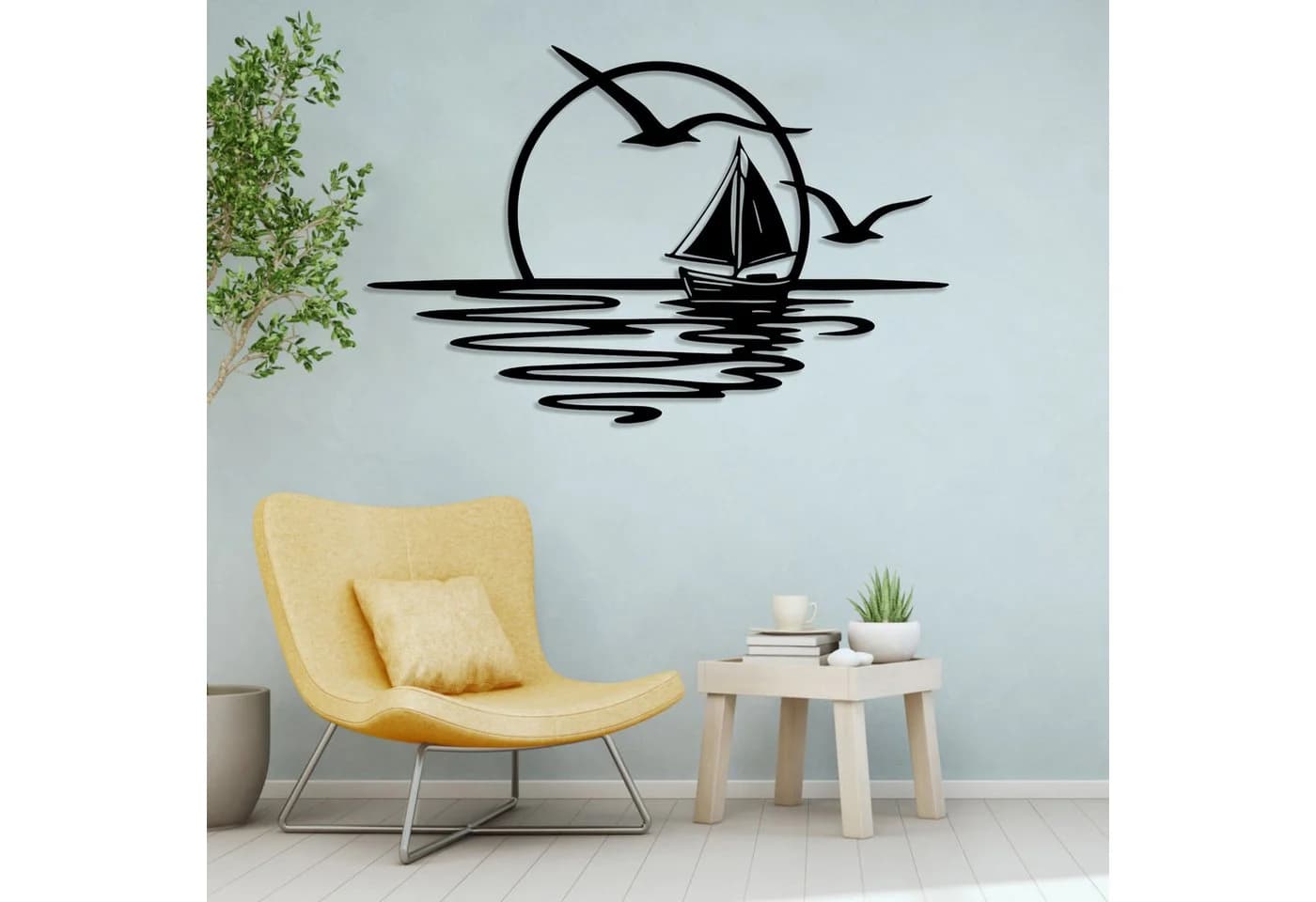 Jumpeak Wanddeko Segelboot Metall Strichkunst Schwarz/Weiß/Gold/Silber - Bild 5