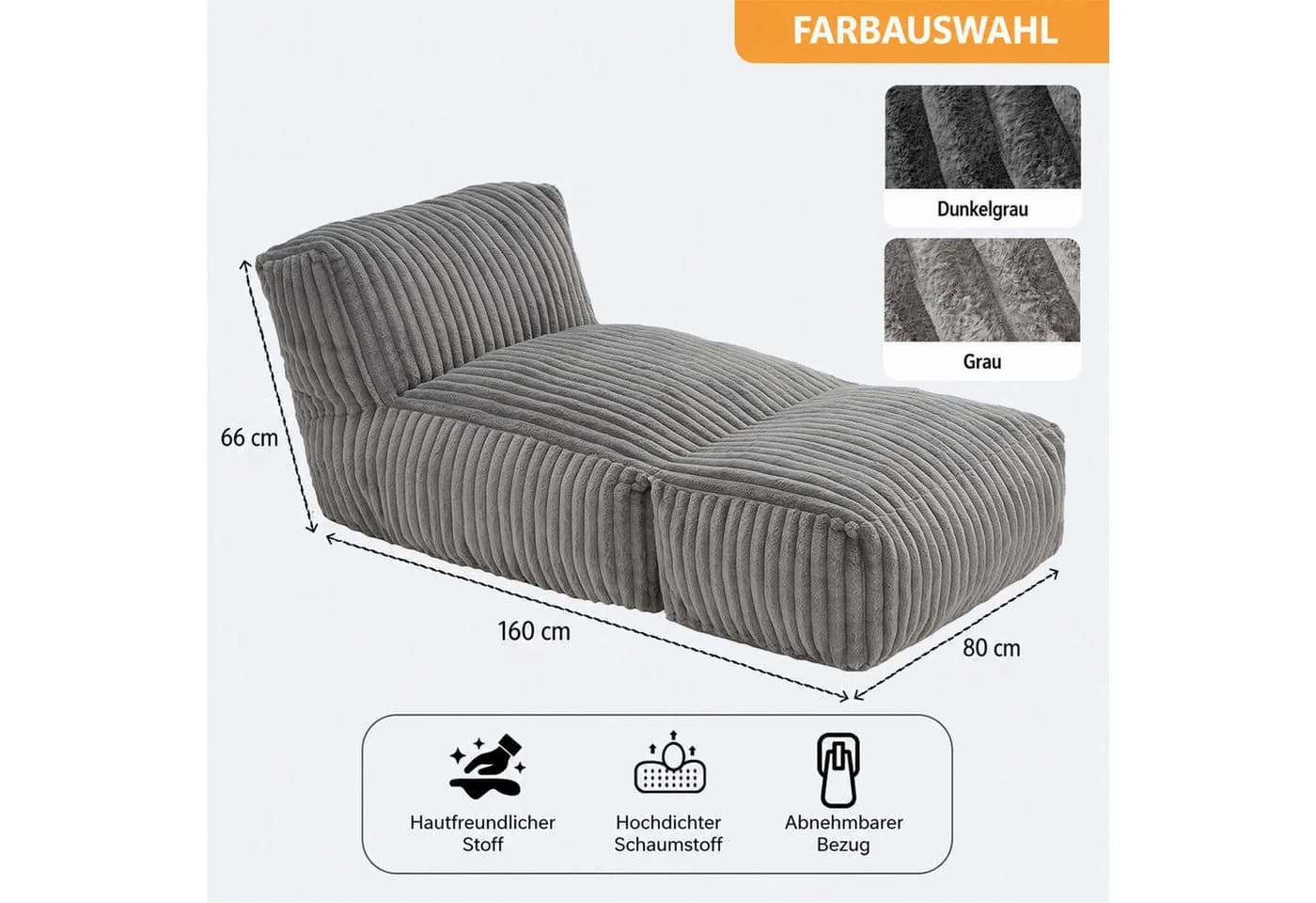 VUZINIC Relaxsessel Grau Faltbarer Hocker mit Schaumstofffüllung - Bild 3