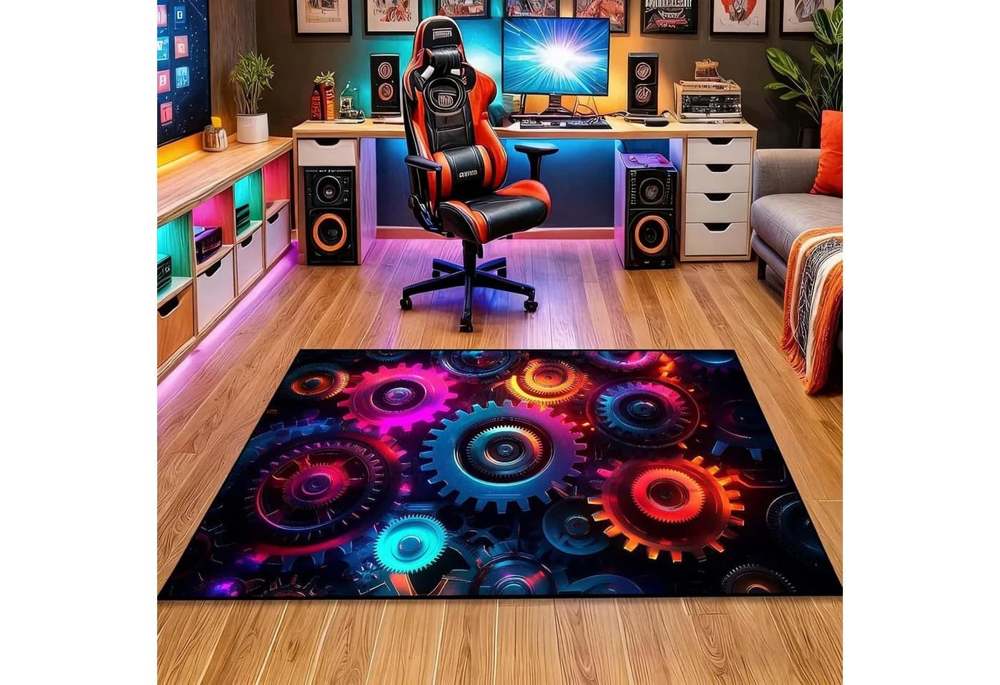 Jumpeak Cyberpunk-Teppich mit leuchtenden Zahnrädern