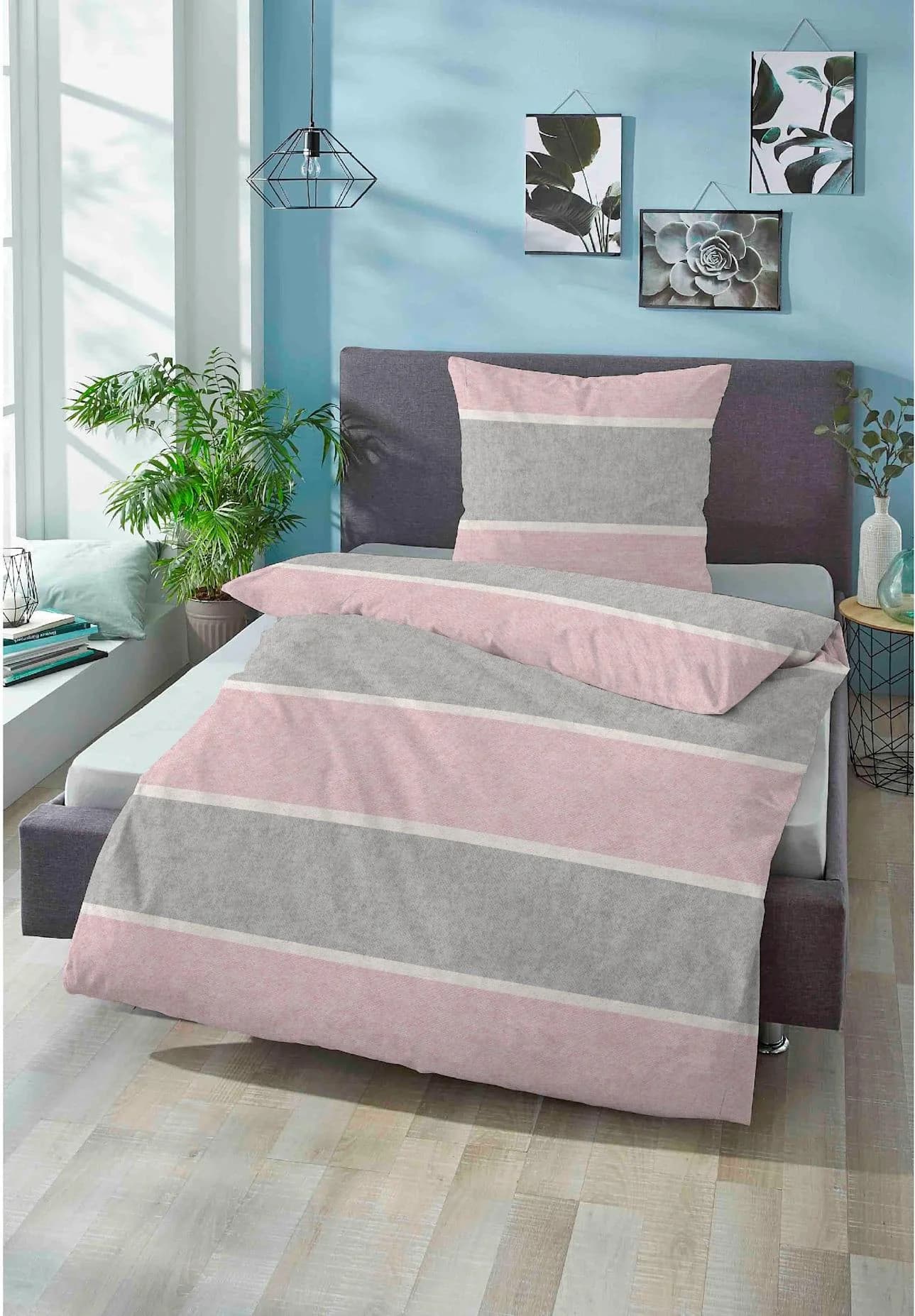 BIBERNA Bettwäsche Gr. 1 Rosa Grau 100% Baumwolle Flanell