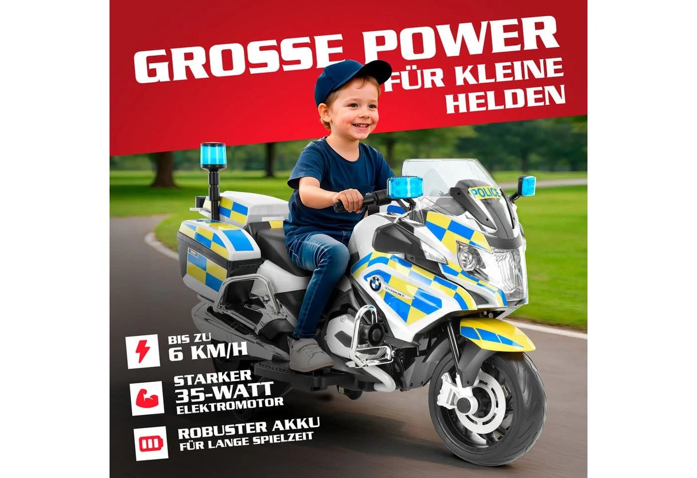 Hecht Elektro-Kindermotorrad BMW Police R1200RT Blau/Schwarz mit Sirene