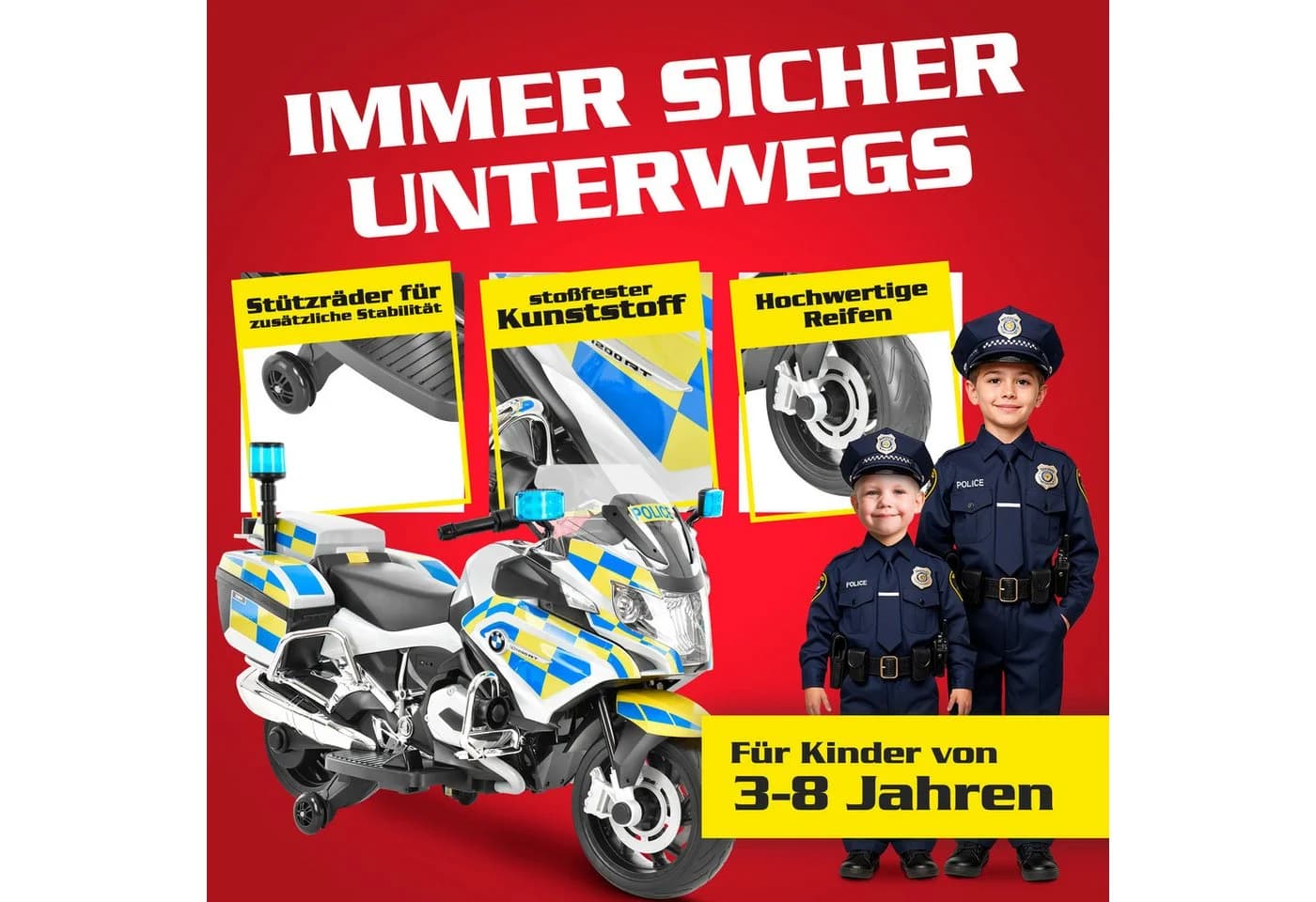 Hecht Elektro-Kindermotorrad BMW Police R1200RT Blau/Schwarz mit Sirene - Bild 3