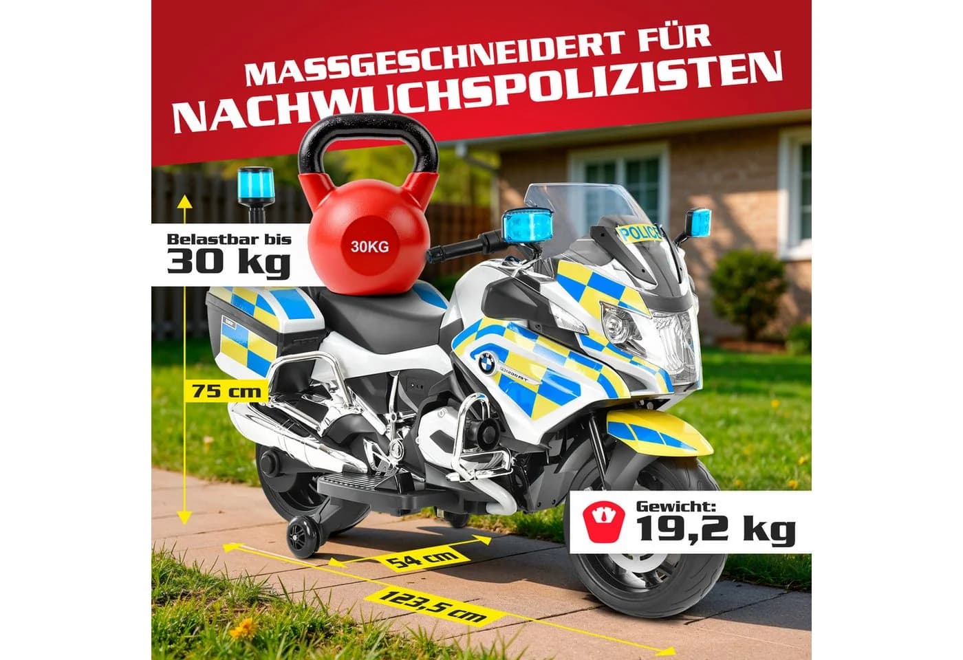 Hecht Elektro-Kindermotorrad BMW Police R1200RT Blau/Schwarz mit Sirene - Bild 5