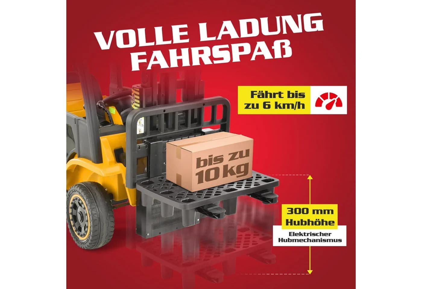 Hecht Spielzeug-Gabelstapler 12V mit Fernbedienung, Hebefunktion & Multimedia