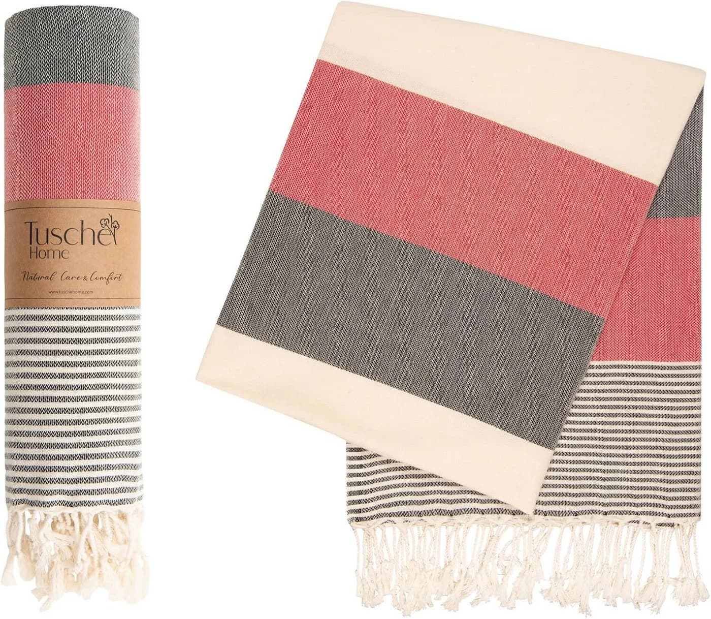 Livessa Strandtuch 100% Baumwolle Grau/Rot 100x180 cm - Bild 2