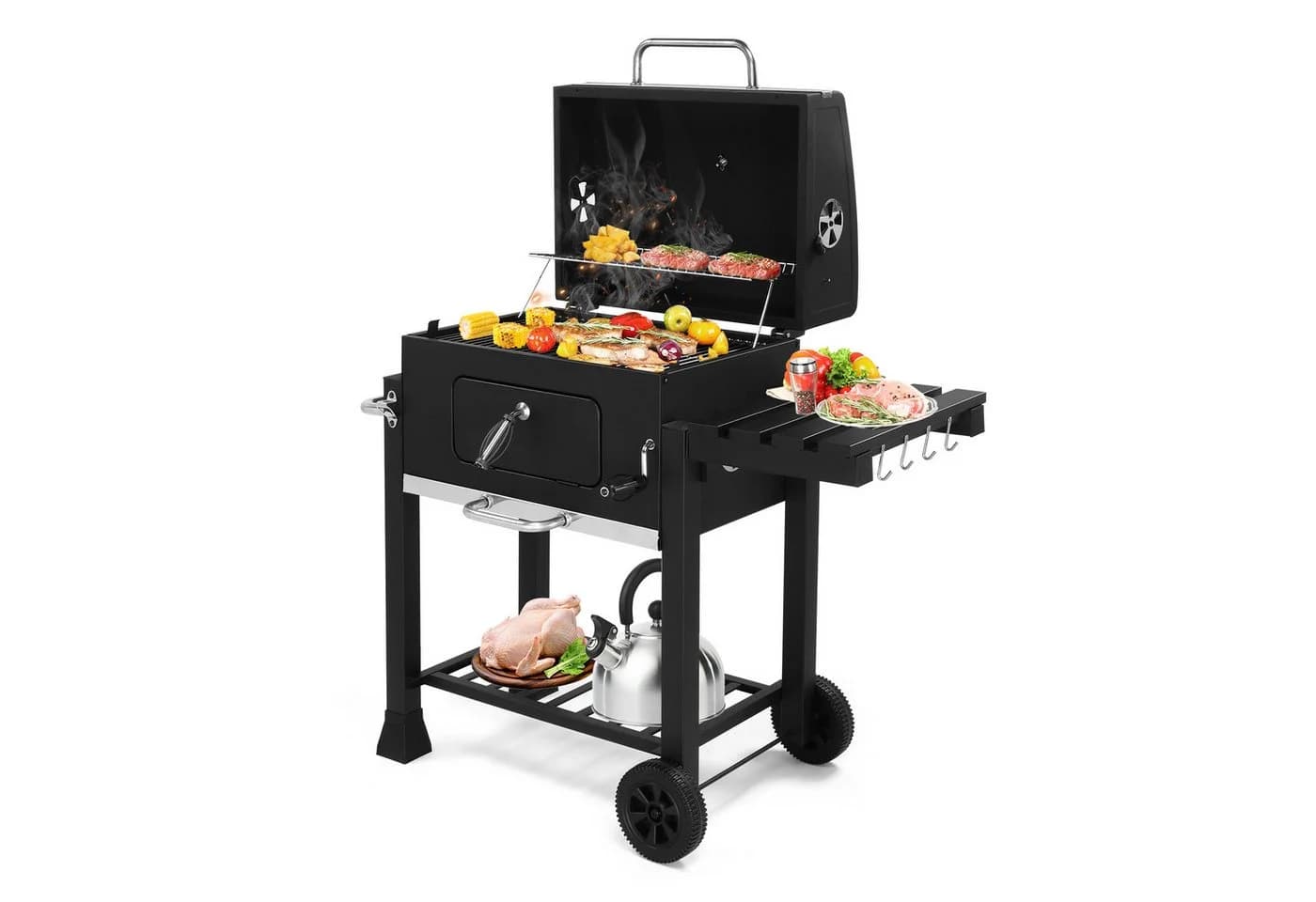 LALAHO Holzkohlegrillwagen mit Thermometer und Rollen Schwarz - Bild 2