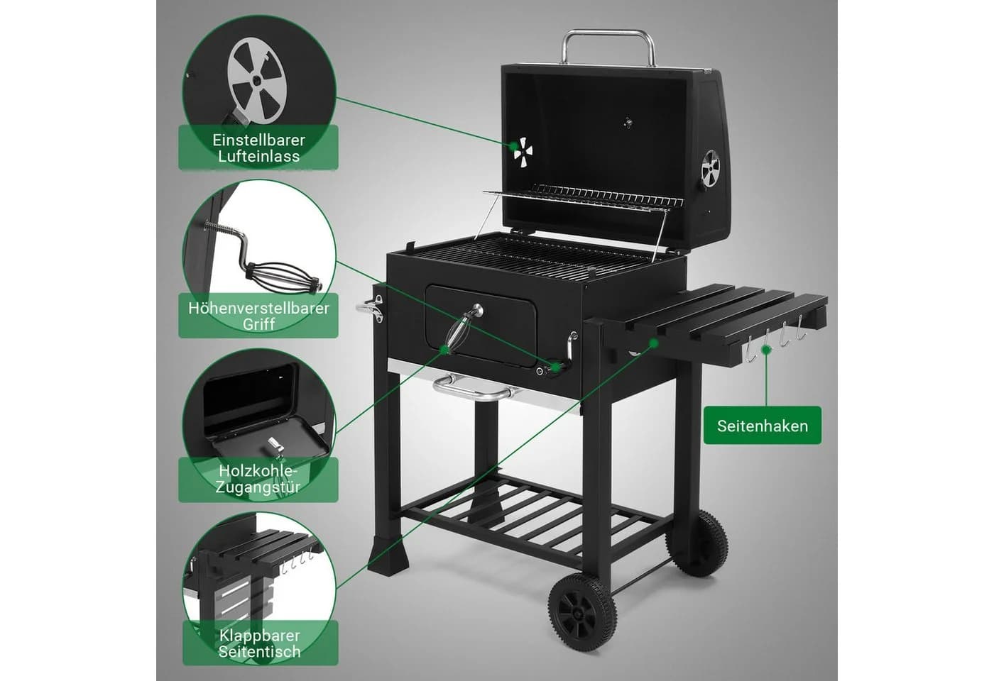 LALAHO Holzkohlegrillwagen mit Thermometer und Rollen Schwarz - Bild 3