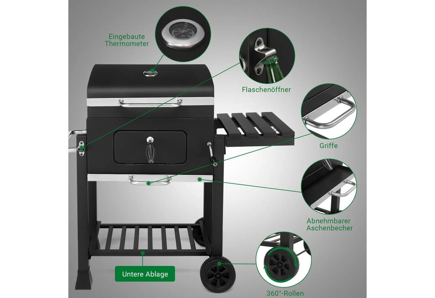 LALAHO Holzkohlegrillwagen mit Thermometer und Rollen Schwarz - Bild 4