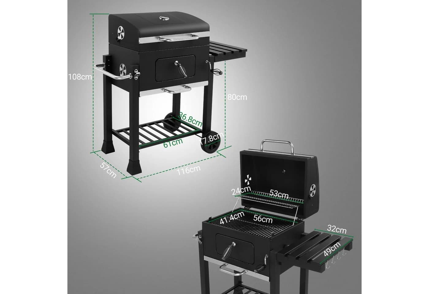 LALAHO Holzkohlegrillwagen mit Thermometer und Rollen Schwarz - Bild 5
