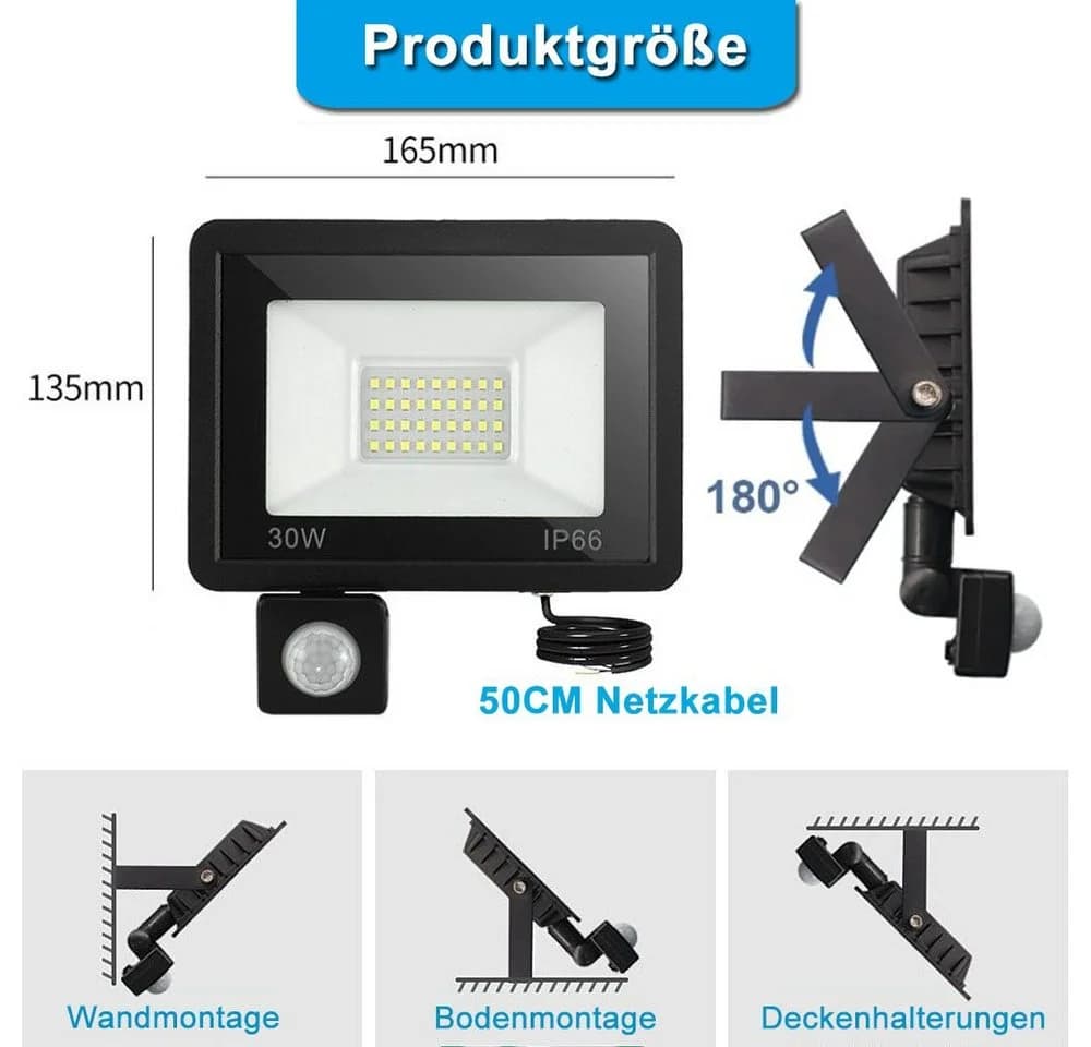 VIVIHEYDAY LED Flutlichtstrahler mit Bewegungsmelder IPX6 Aluminium