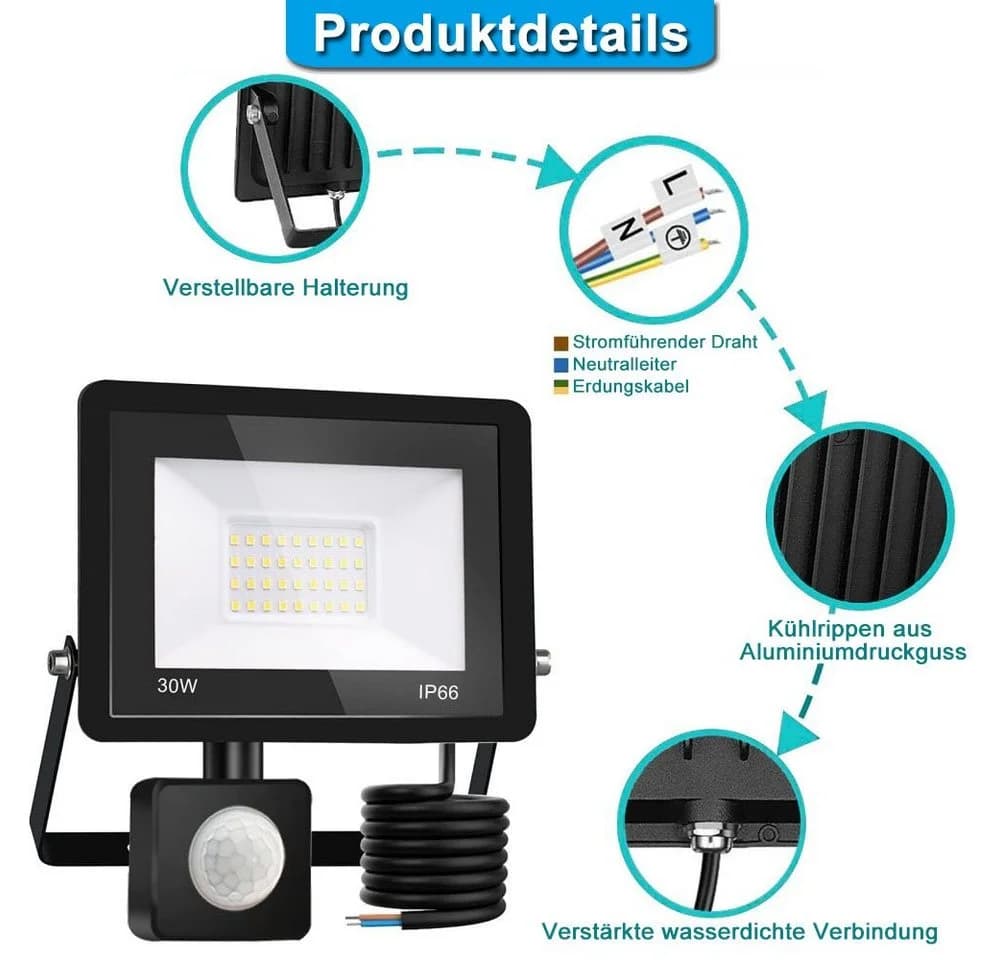 VIVIHEYDAY LED Flutlichtstrahler mit Bewegungsmelder IPX6 Aluminium - Bild 4