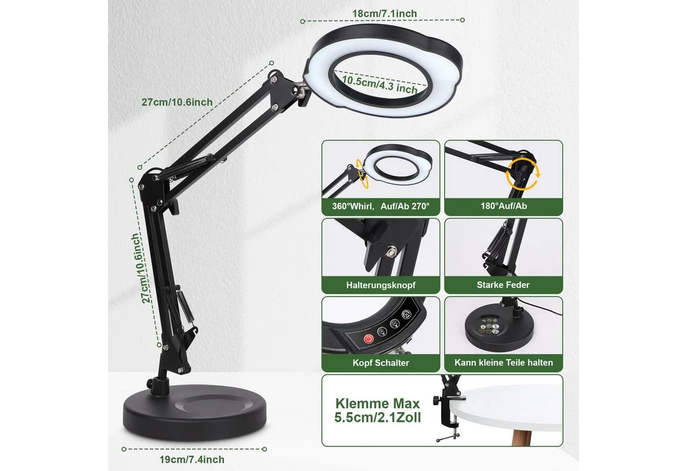 VIVIHEYDAY Lupenlampe 10X LED mit Klemme & Standfuß, 5 Farbmodi dimmbar