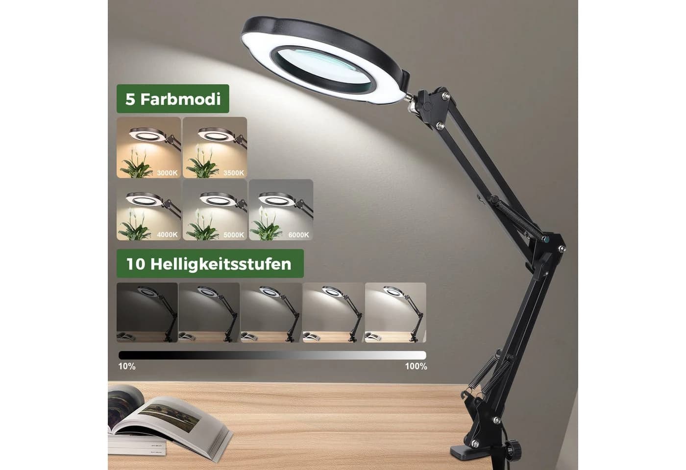 VIVIHEYDAY Lupenlampe 10X LED mit Klemme & Standfuß, 5 Farbmodi dimmbar - Bild 3