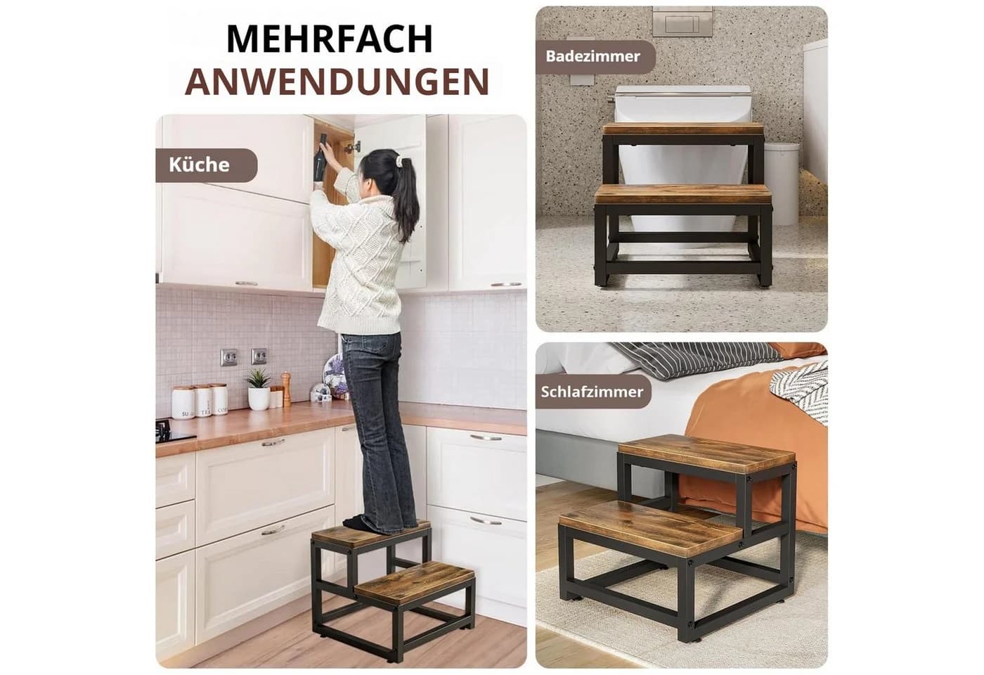 JOYOLEDER Zweistufiger Tritthocker aus Holz Braun 220KG Tragfähigkeit - Bild 3