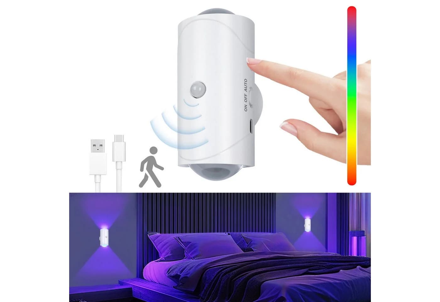 VIVIHEYDAY LED Wandleuchte mit Bewegungsmelder, Kabellos, USB Aufladbar, RGB Wandbeleuchtung 7 Farben - Bild 2