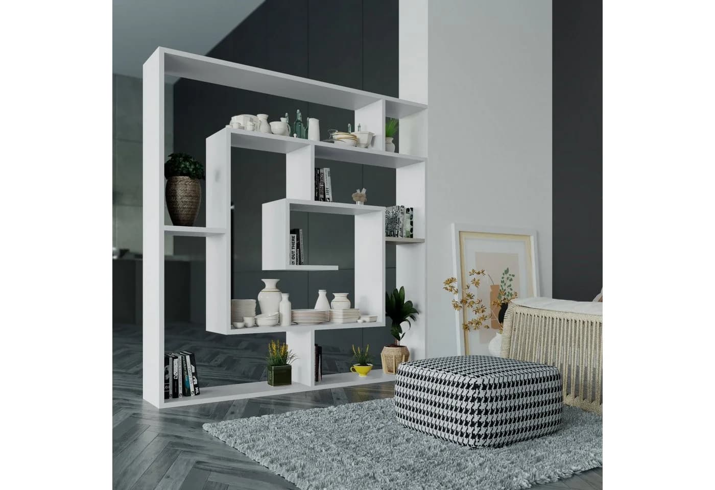 Decortie Bücherregal Labirent Modern Weiß Wandregal Raumtrenner