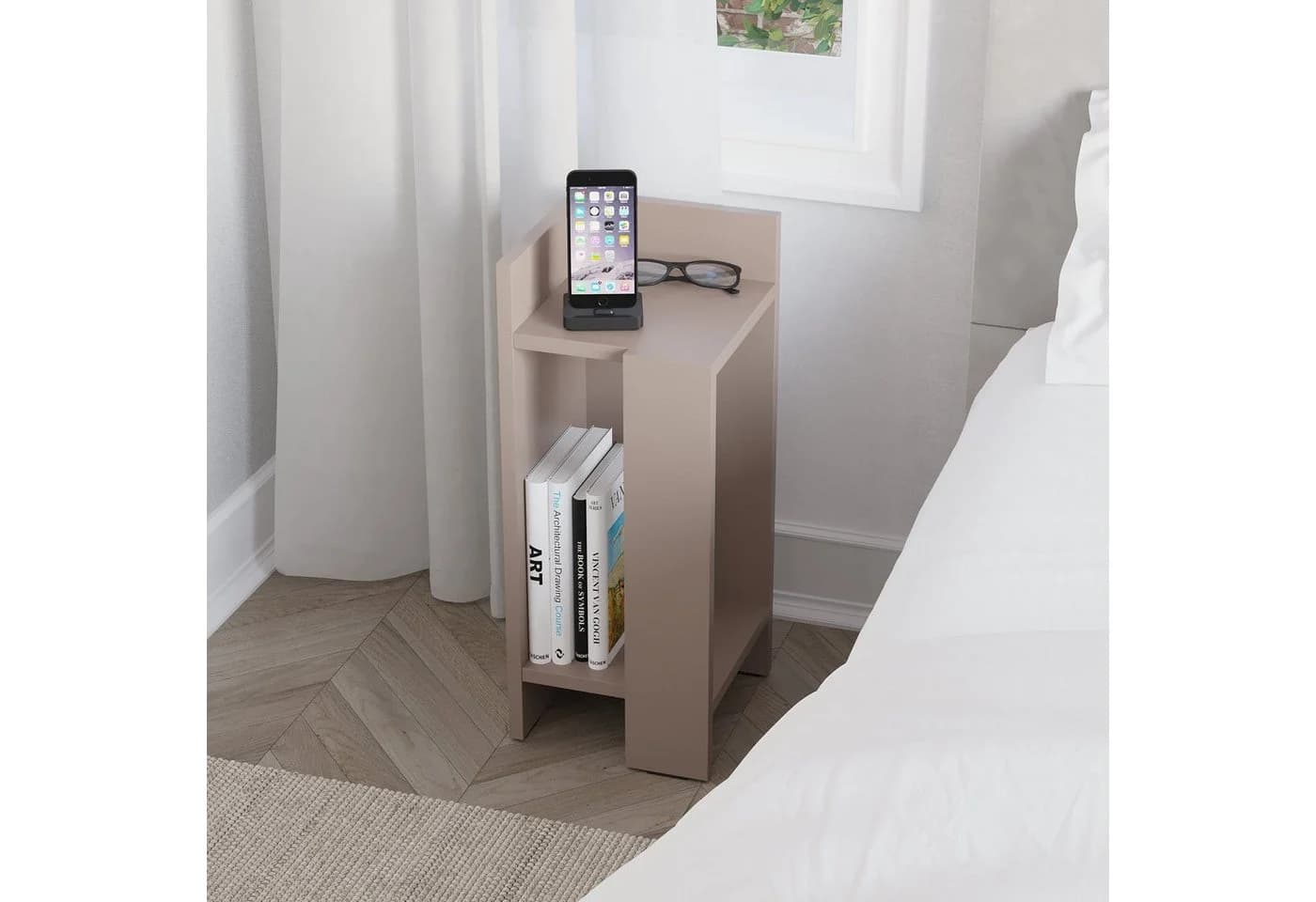 Decortie Nachttisch Elos Modern Grau mit versenkbarer Tür