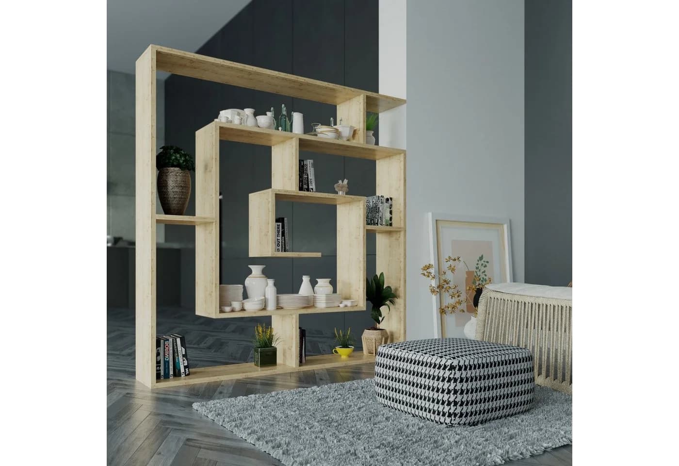 Decortie Bücherregal Labirent Modernes Wandregal Raumtrenner Eiche