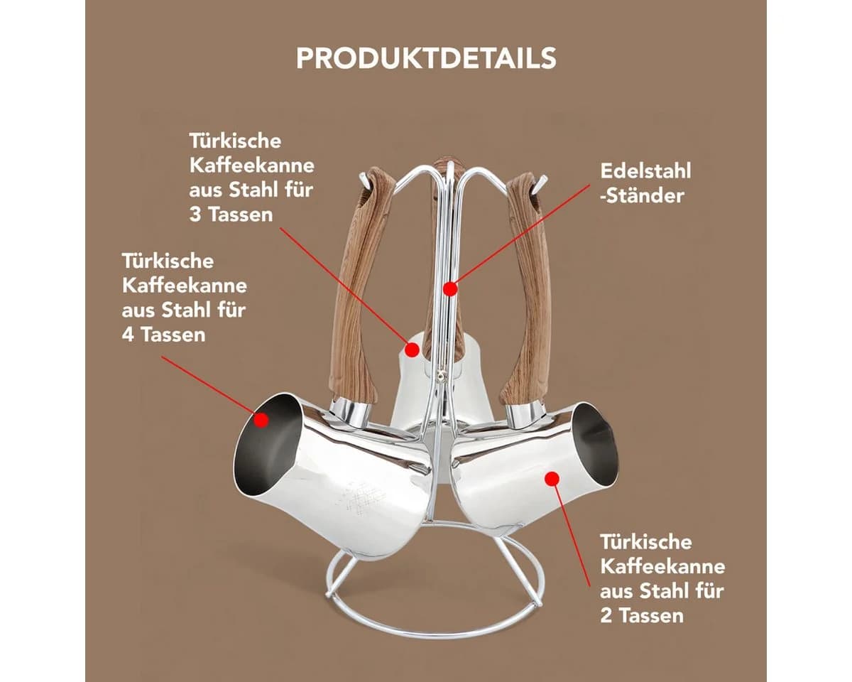 SERENK Kaffeekännchen Set 4-tlg. Edelstahl Cezve mit Ständer - Bild 3
