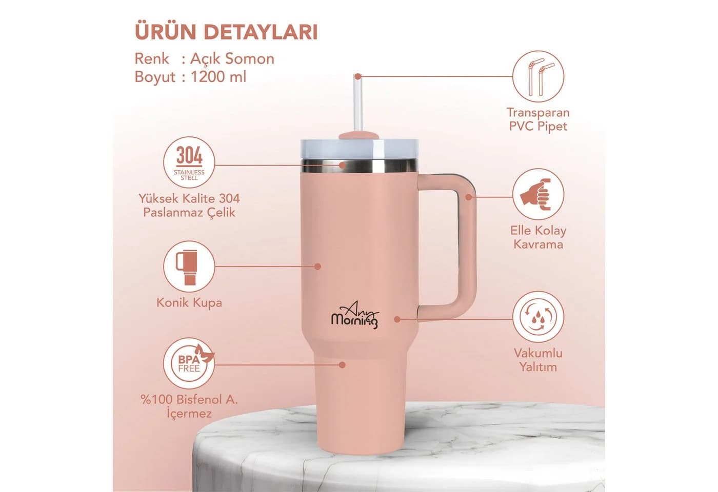 ANY MORNING Thermobecher XL 1200ml Edelstahl Lachs - Bild 2