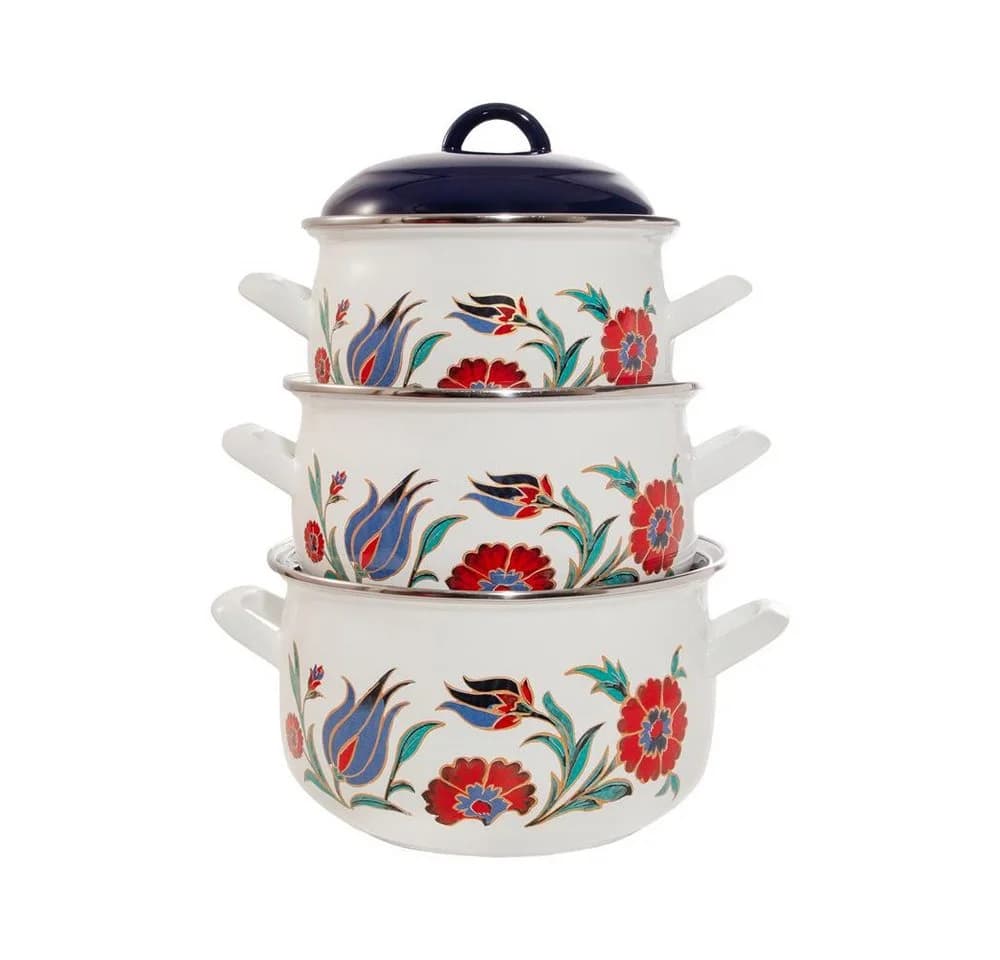 SERENK Premium Emaille-Kochtopfset 3-teilig Weiß/Blau - Bild 2