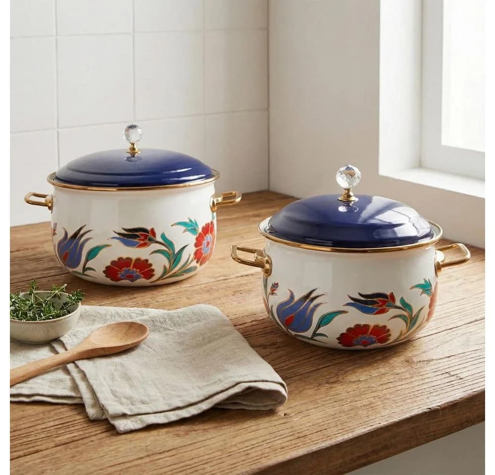 SERENK Premium Emaille-Kochtopfset 2-teilig Weiß/Blau - Bild 3