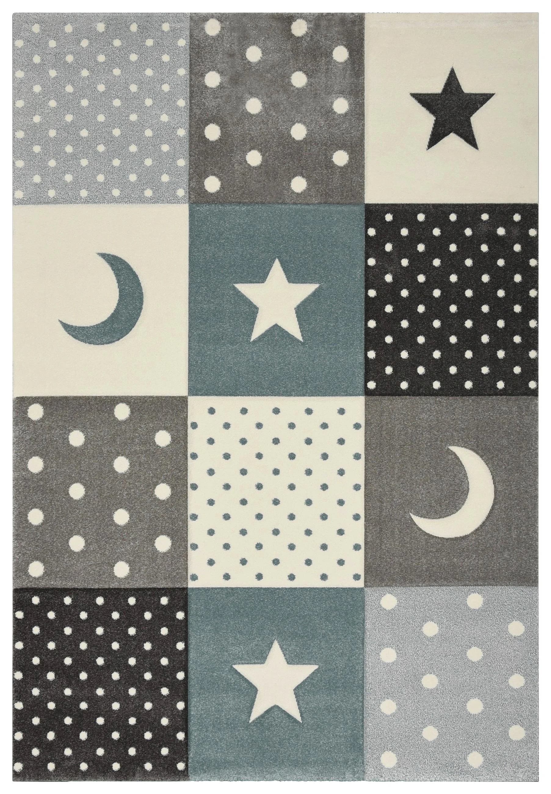 Kinderteppich Mond und Sterne, Kunstfaser, grau
