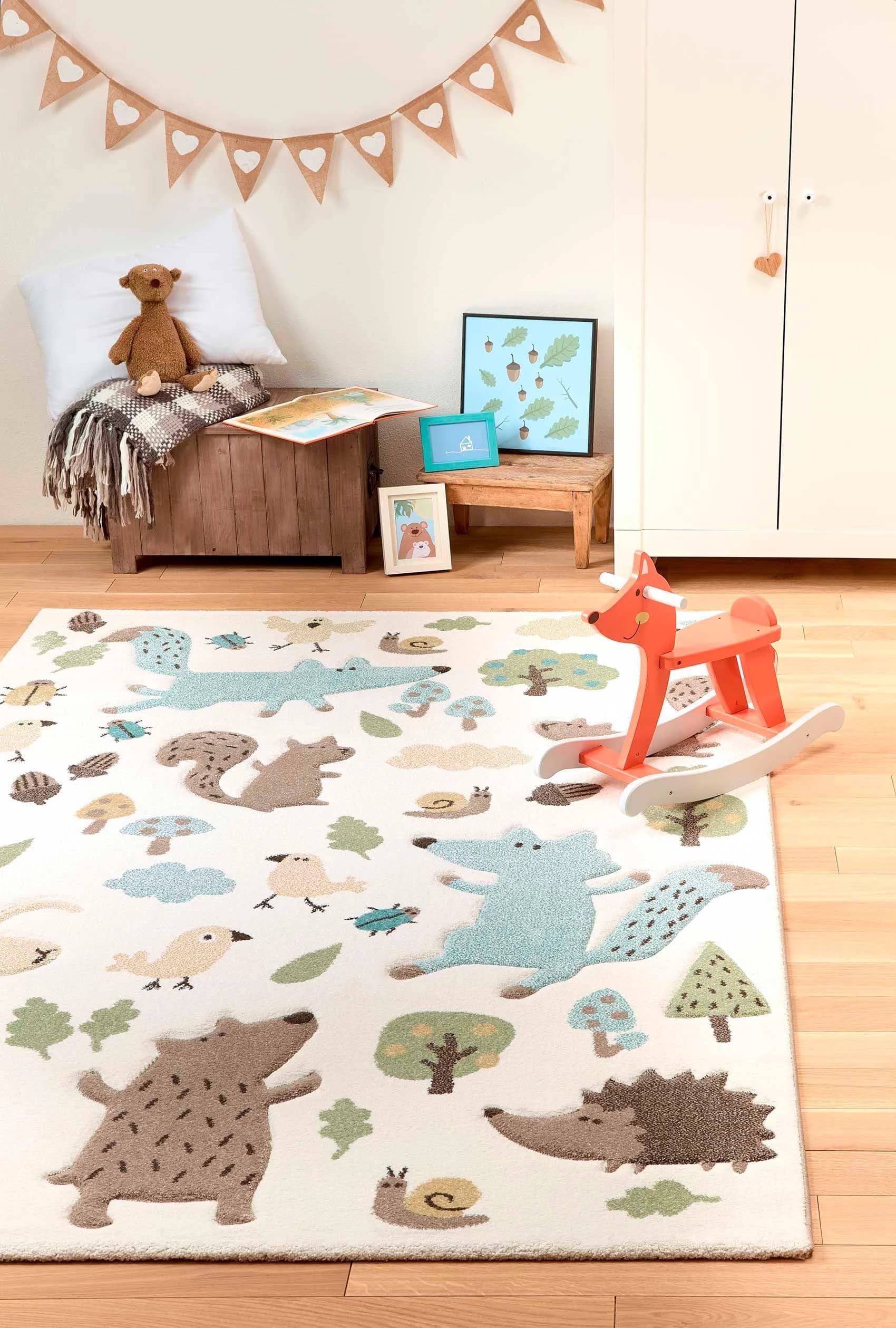 Kinderteppich Wald Tiere Design, Kurzflor, beige, blau