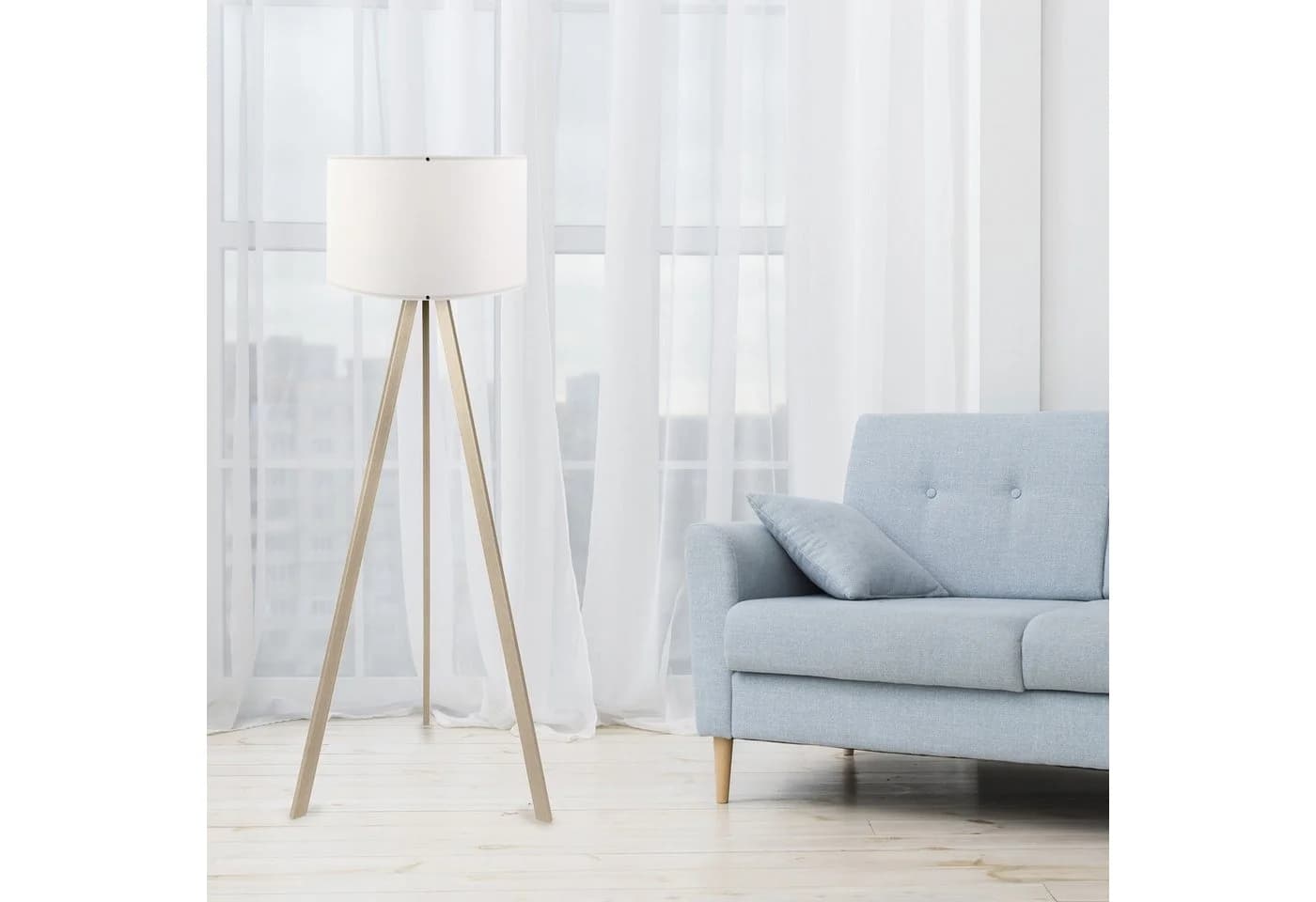Opviq Stehlampe 38 x 140 cm, Skandinavisches Design, Eiche-Optik, Weißer Stoffschirm