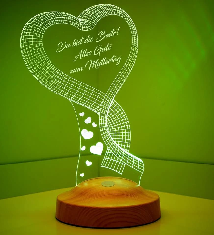 Geschenkelampe LED Nachttischlampe Herz 3D Gravur Bunt