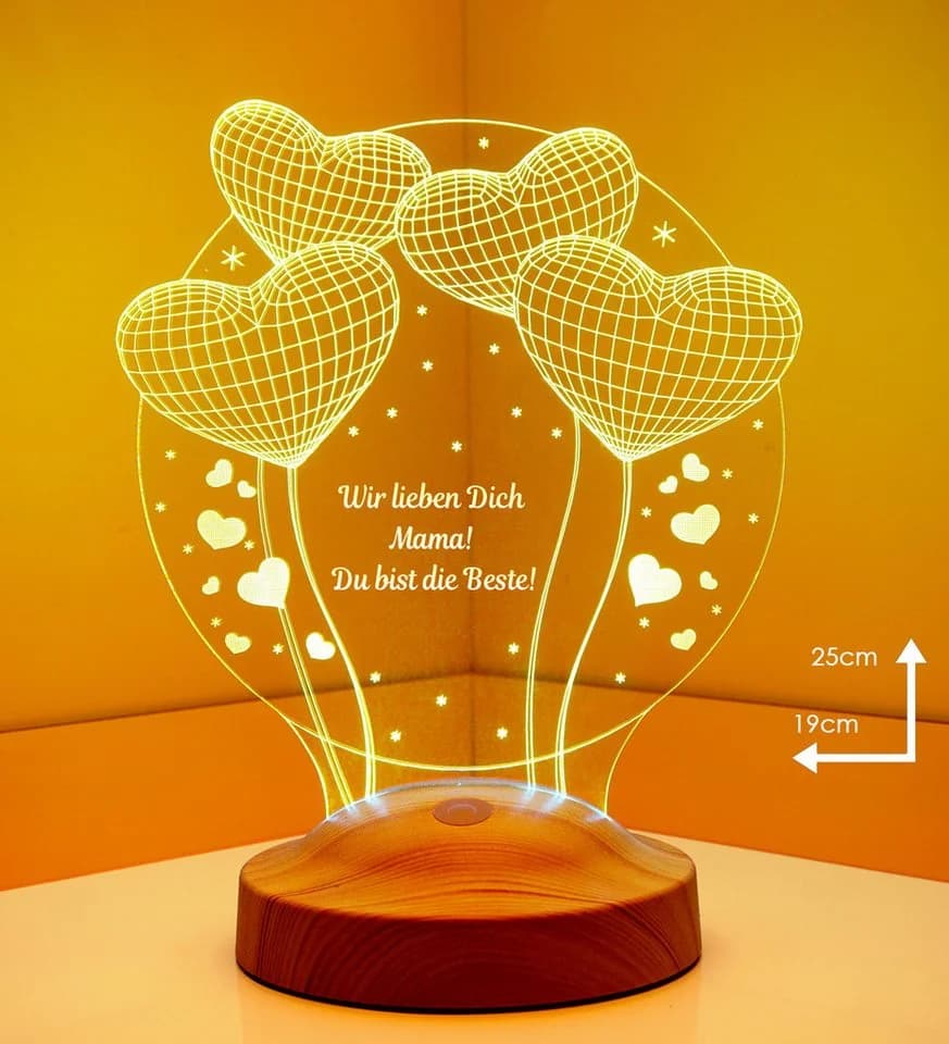 Geschenkelampe LED Nachttischlampe Ballon Herzen 3D Gravur mehrfarbiges Geschenk für Muttertag