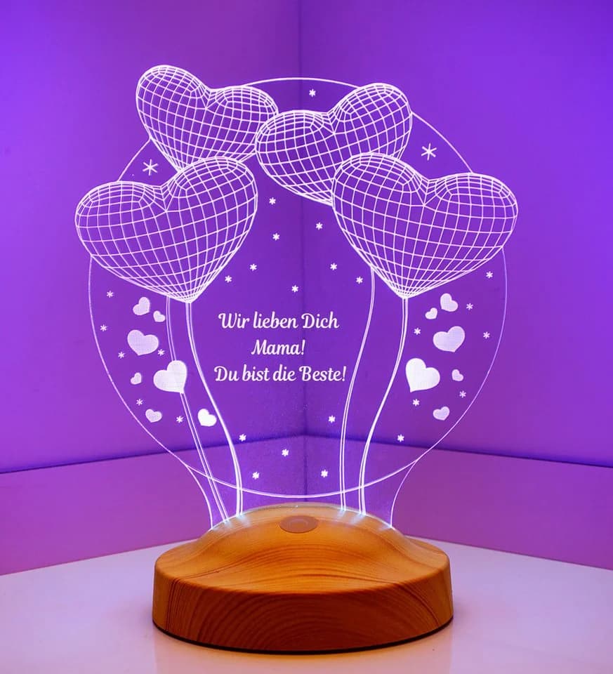 Geschenkelampe LED Nachttischlampe Ballon Herzen 3D Gravur mehrfarbiges Geschenk für Muttertag - Bild 4