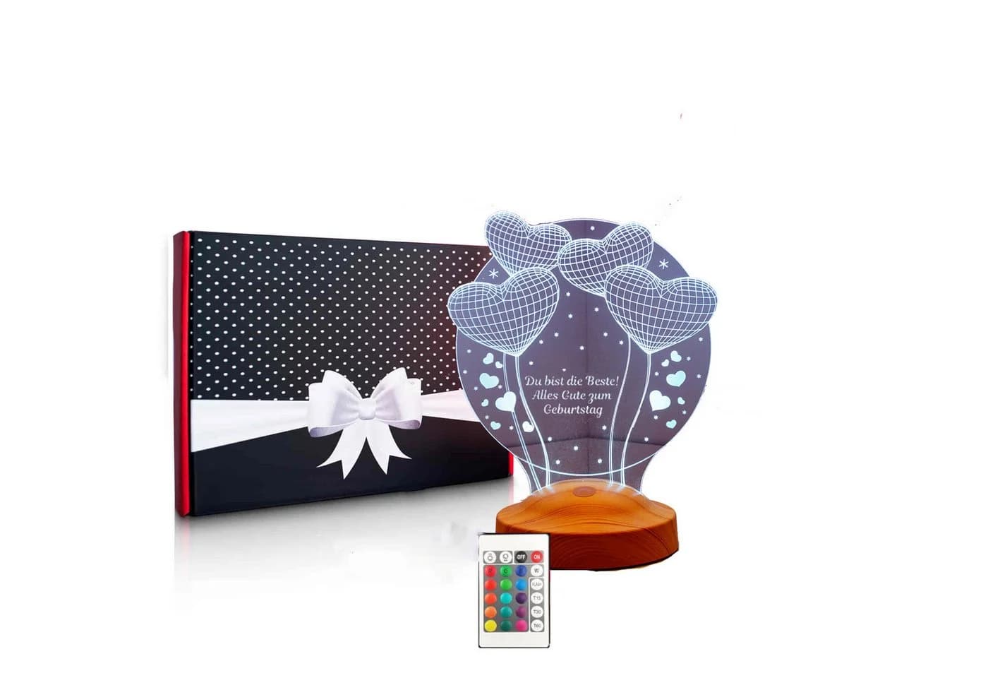 Geschenkelampe LED Nachttischlampe Ballon Herzen 3D Gravur 7 Farben - Bild 2