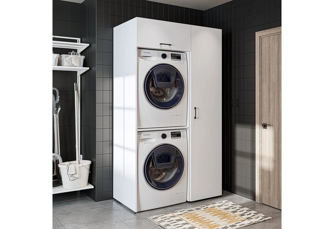 Roomart Schrankwand 112 cm mit Hochschrank für Waschmaschine & Trockner Weiß - Bild 2