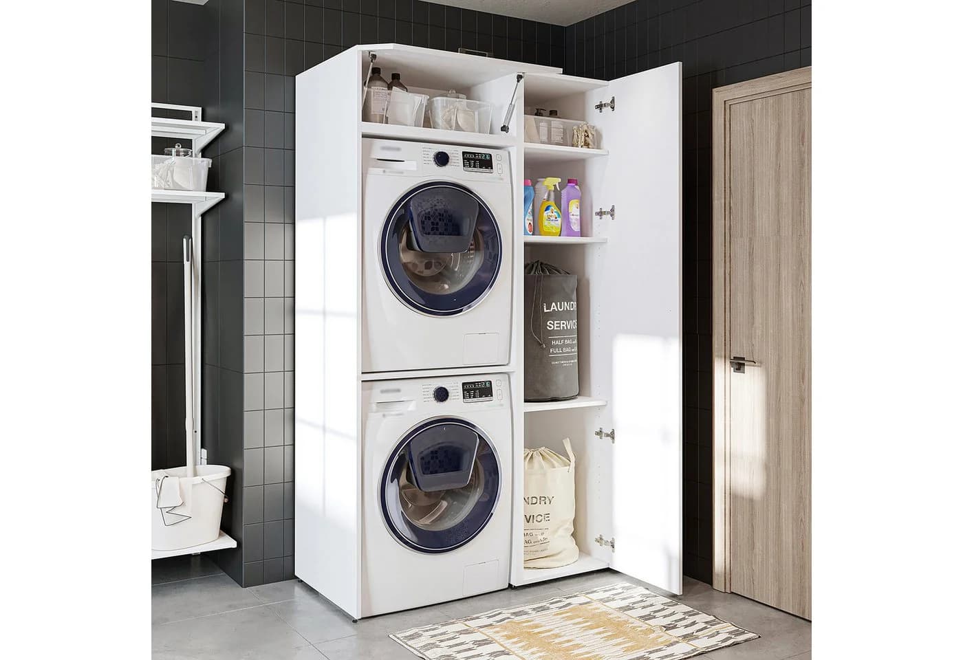 Roomart Schrankwand 112 cm mit Hochschrank für Waschmaschine & Trockner Weiß - Bild 3