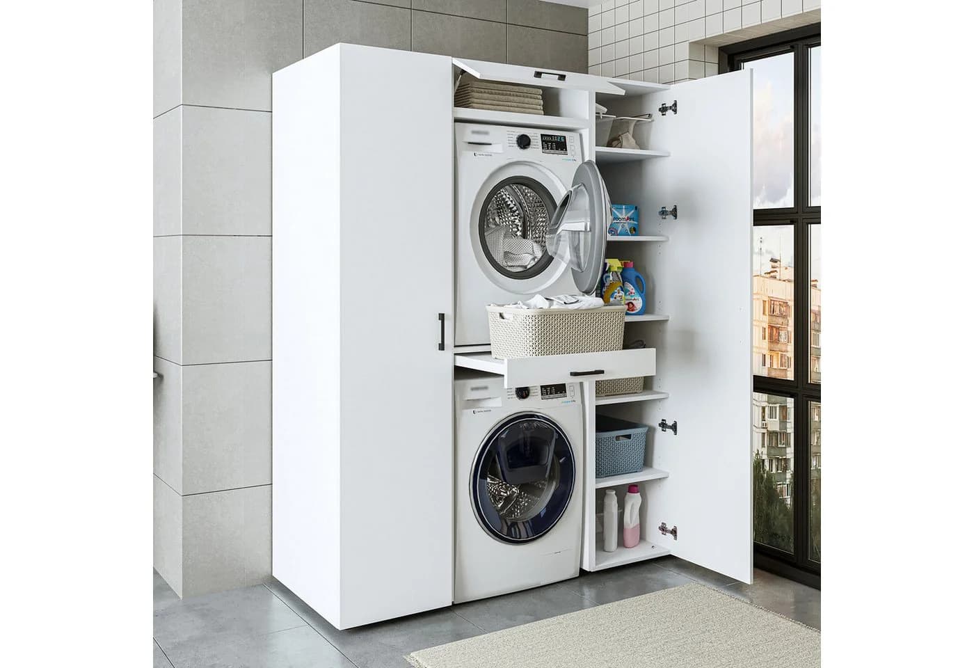 Roomart Waschmaschinenschrank Set 157 cm Weiß mit Soft-Close