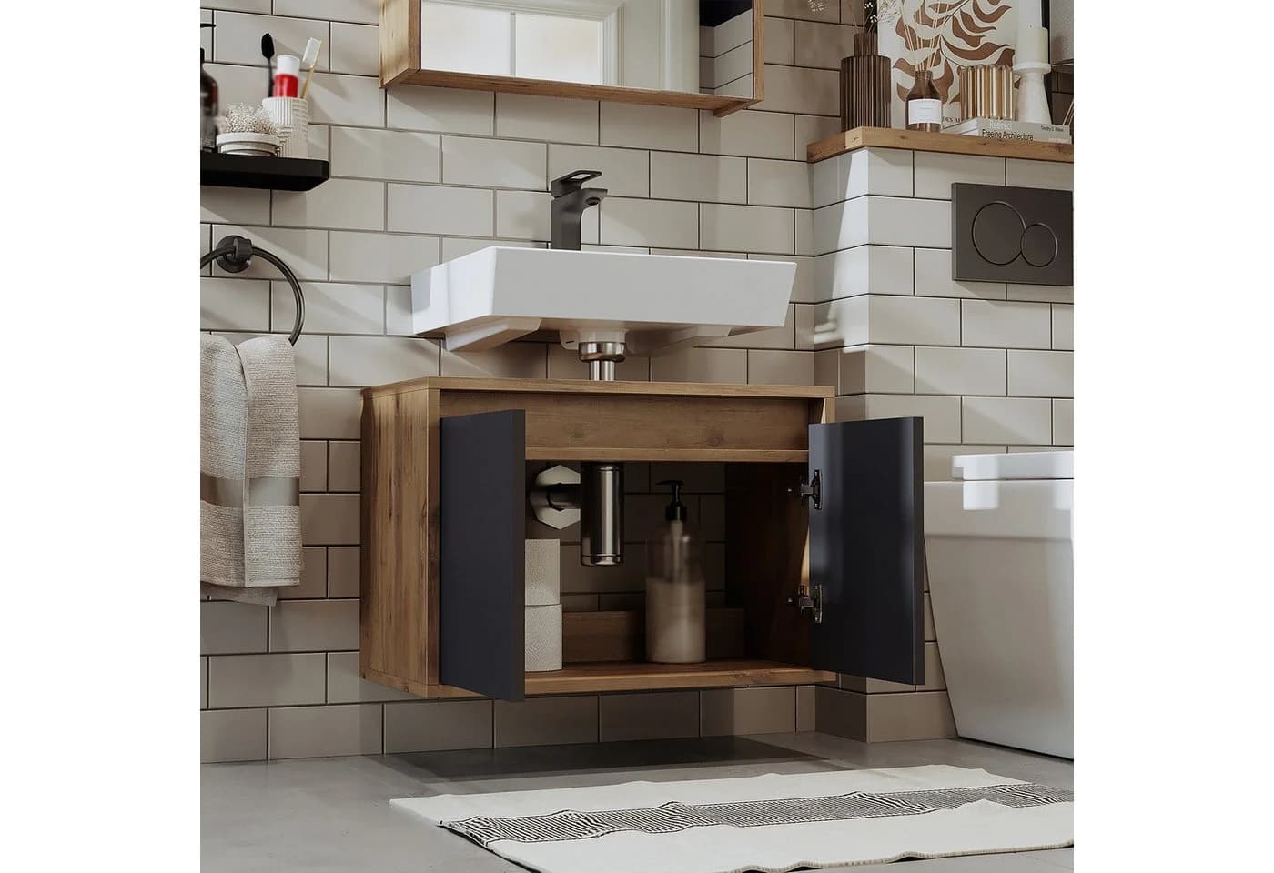 Roomart ATRIA Waschbeckenunterschrank hängend Soft-Close Anthrazit-Eiche - Bild 1