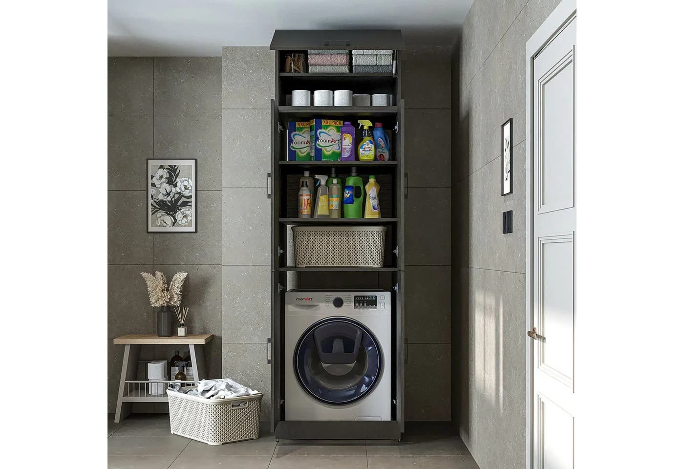 Roomart Waschmaschinenumbauschrank DORA Weiß Eiche