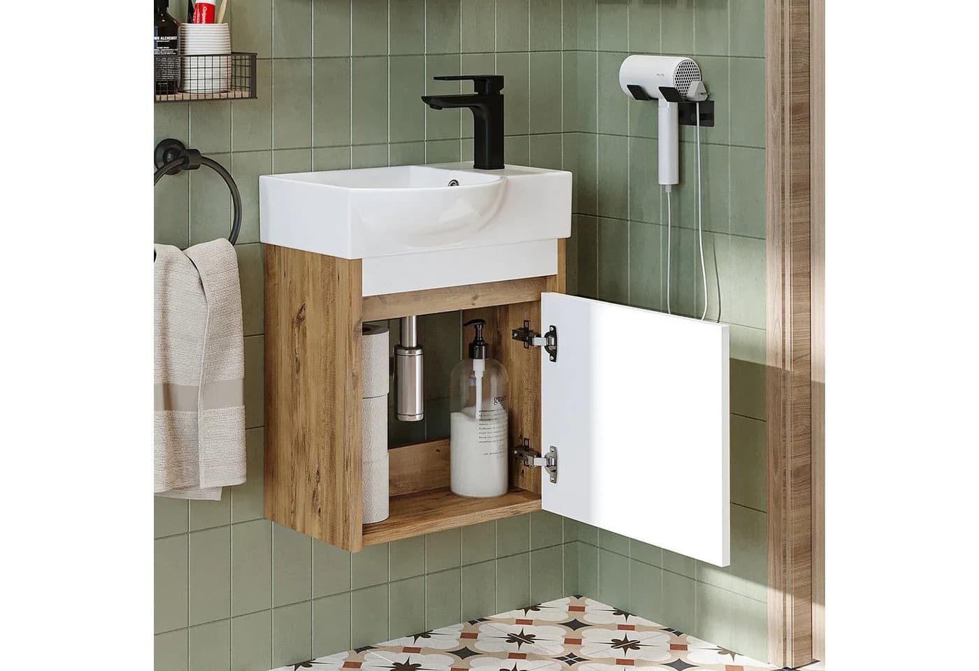 Roomart Badmöbel-Set LEO Weiß Eiche mit Waschbecken