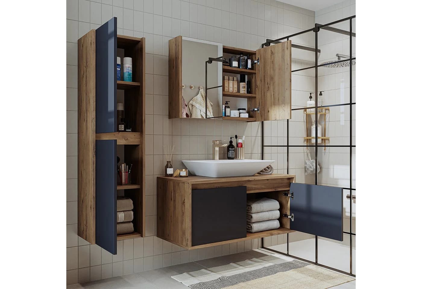 Roomart Badmöbel-Set ATLANTIC 4-tlg. mit Hochschrank und Keramikbecken