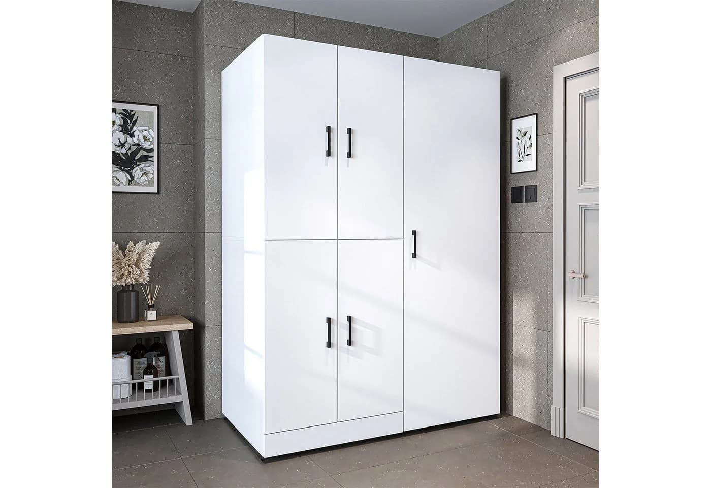 Roomart Waschmaschinenschrank DORA 130 cm Weiß Soft-Close Hochschrank