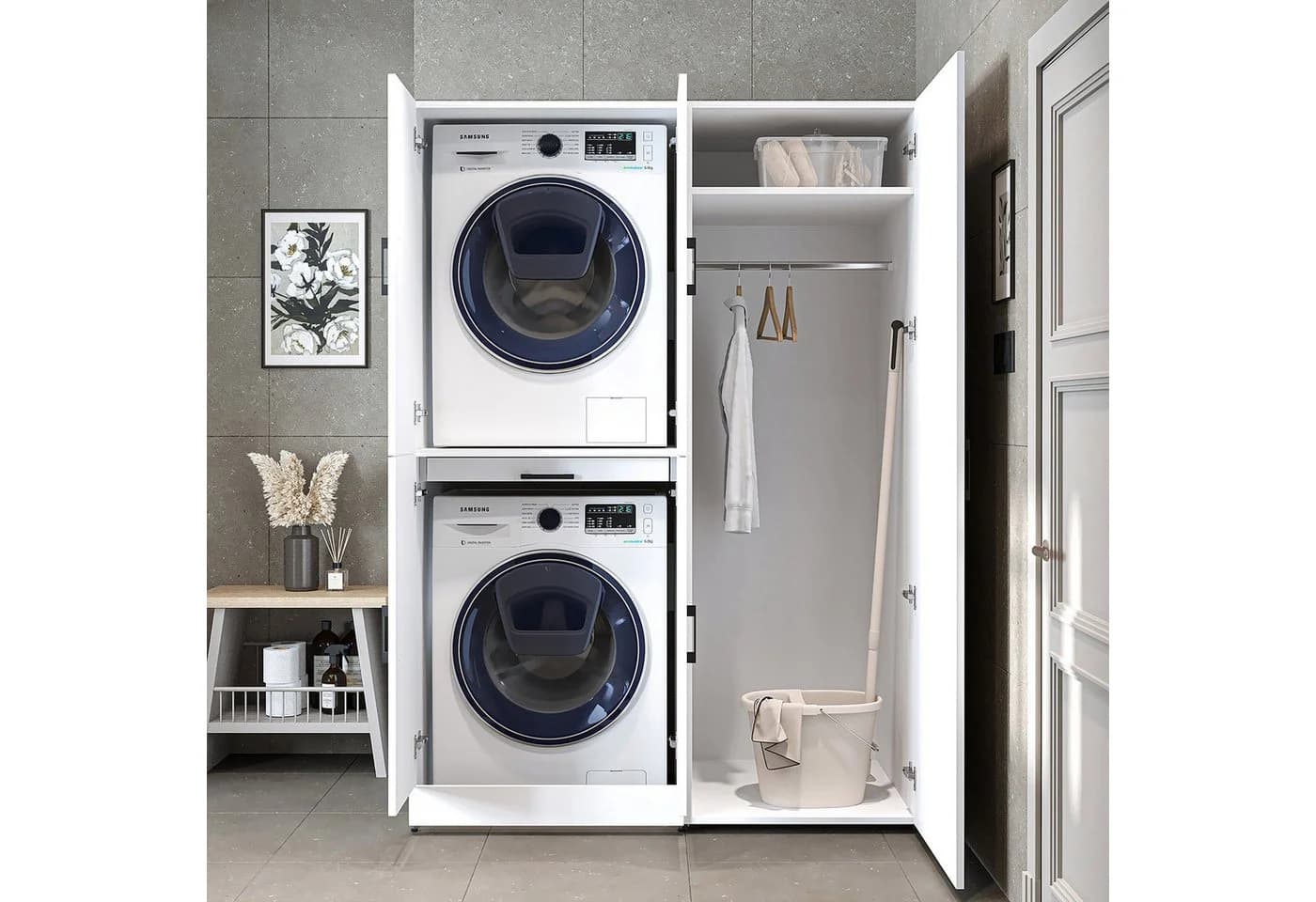 Roomart Waschmaschinenschrank DORA 130 cm Weiß Soft-Close Hochschrank - Bild 3