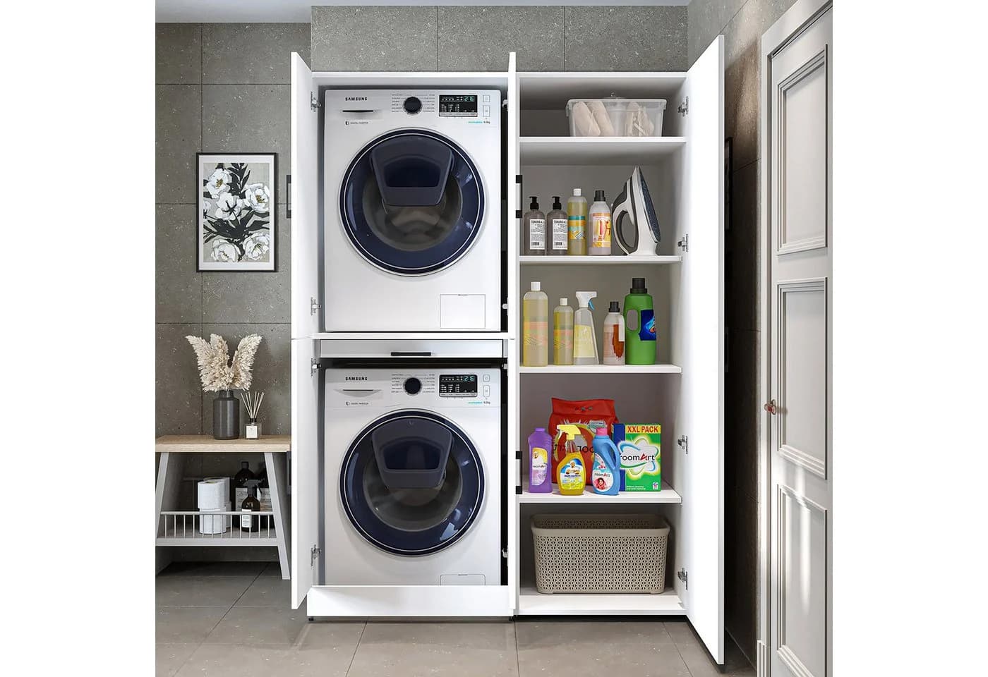 Roomart Waschmaschinenschrank DORA 130 cm Weiß Soft-Close Hochschrank - Bild 4