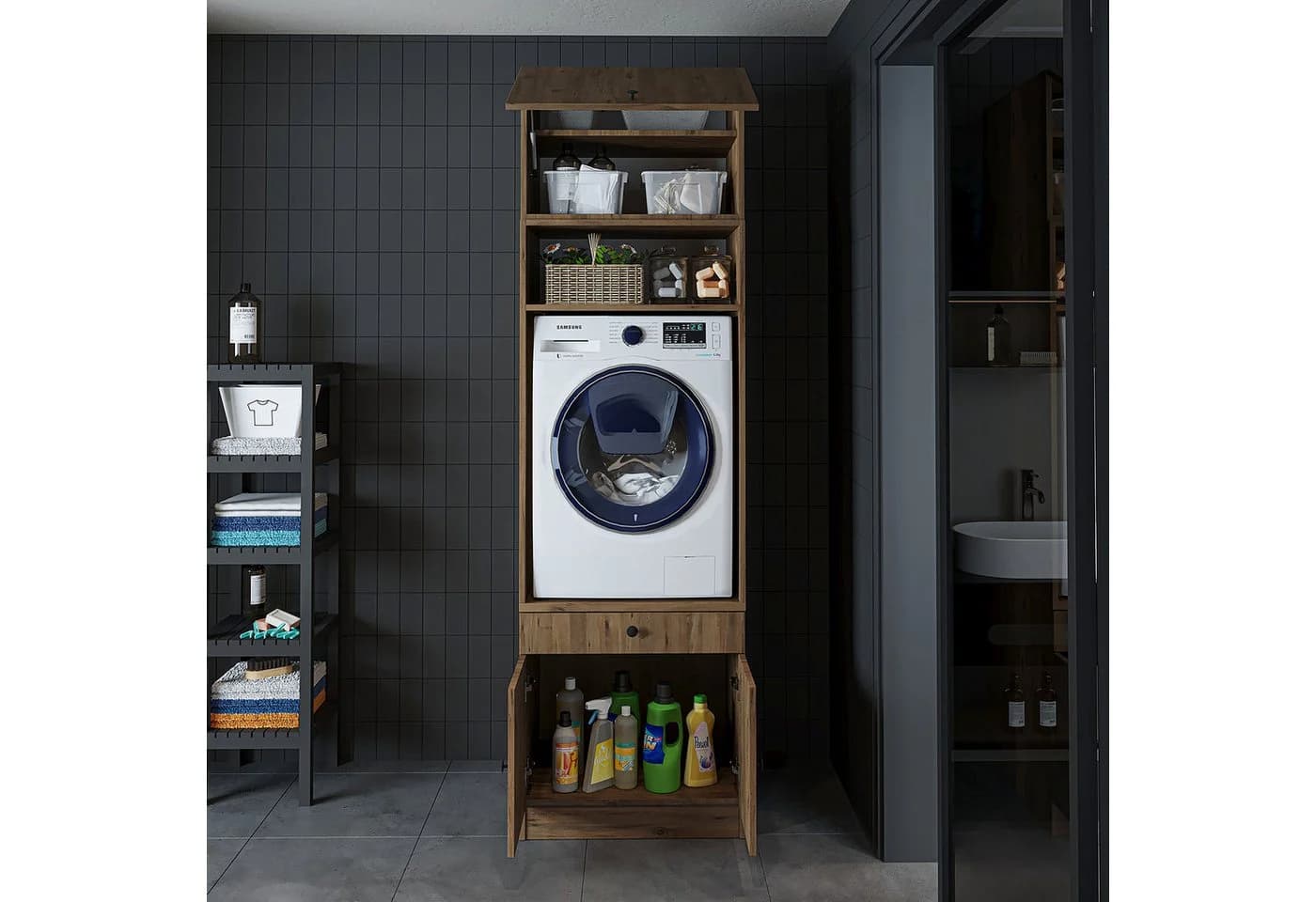 Roomart Waschmaschinenschrank 67 cm mit Aufsatz & Ausziehbrett Braun - Bild 4